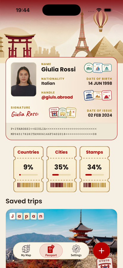 Your passport — travel ID, stamps and saved trips